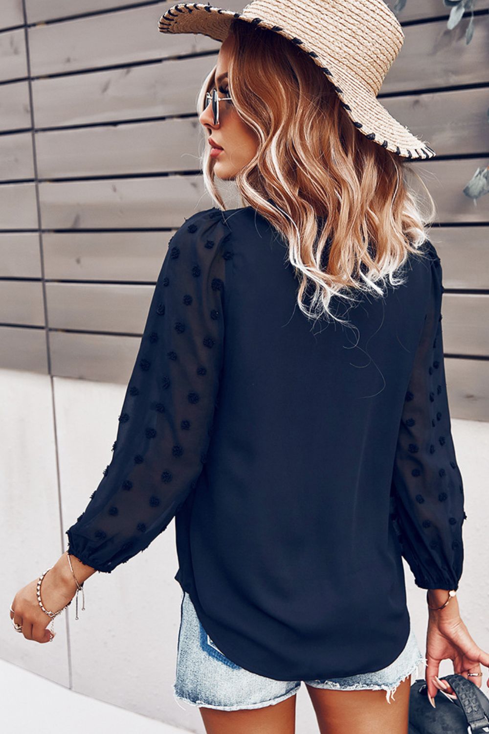 Swiss Dot Puff Sleeves V-Neck Blouse