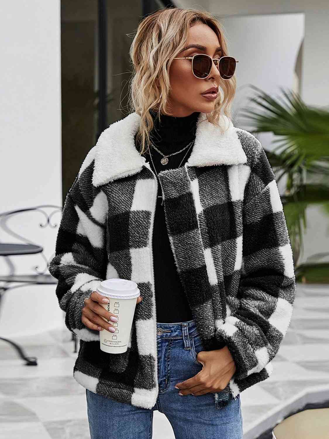 Plaid Zip-Up Collared Jacket