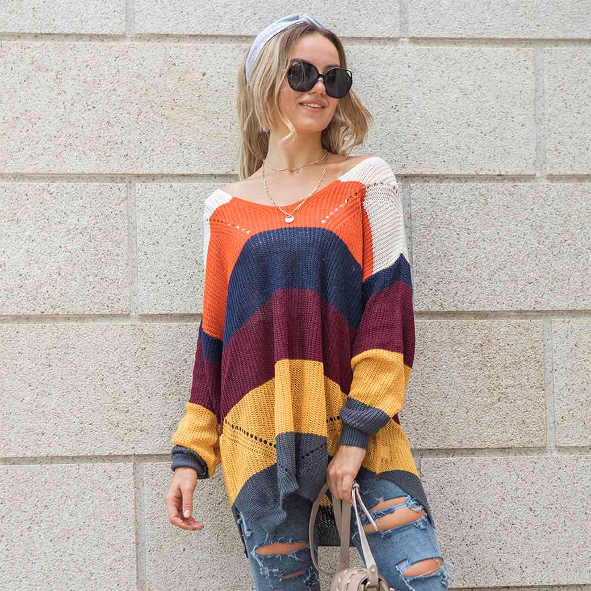 Color Block Openwork Long Sleeve Sweater