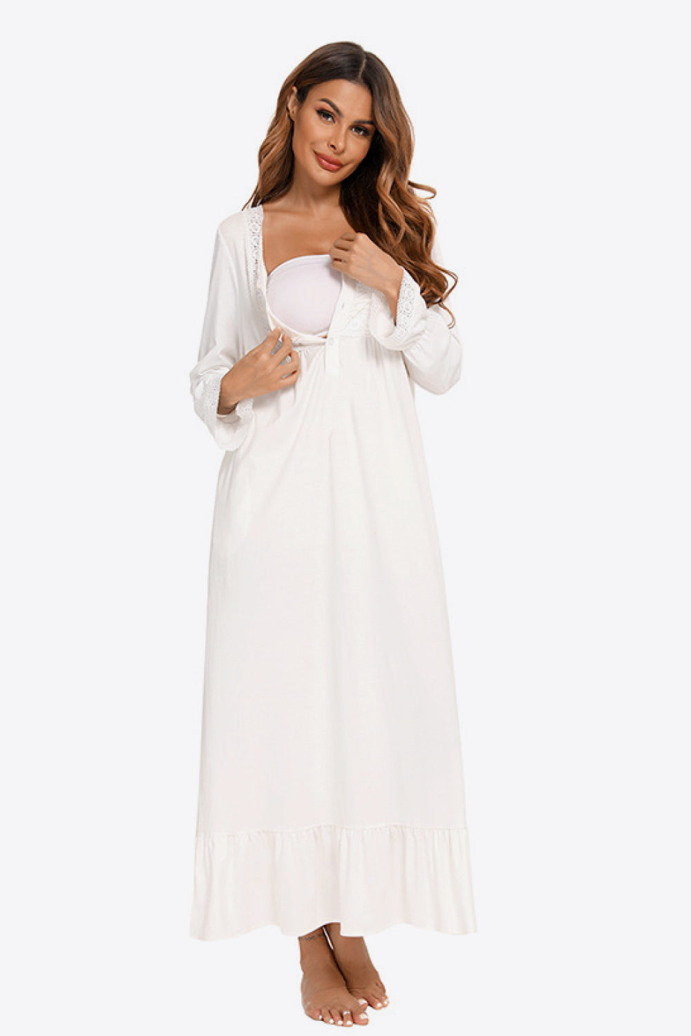 Contrast Lace Trim Ruffle Hem Square Neck Night Dress