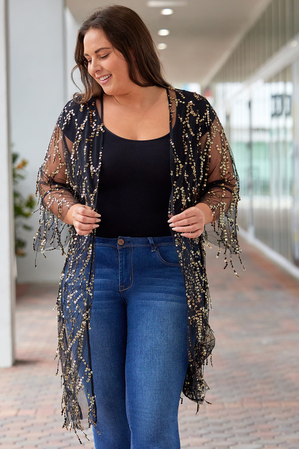 Plus Size Contrast Sequin Sheer Mesh Cardigan