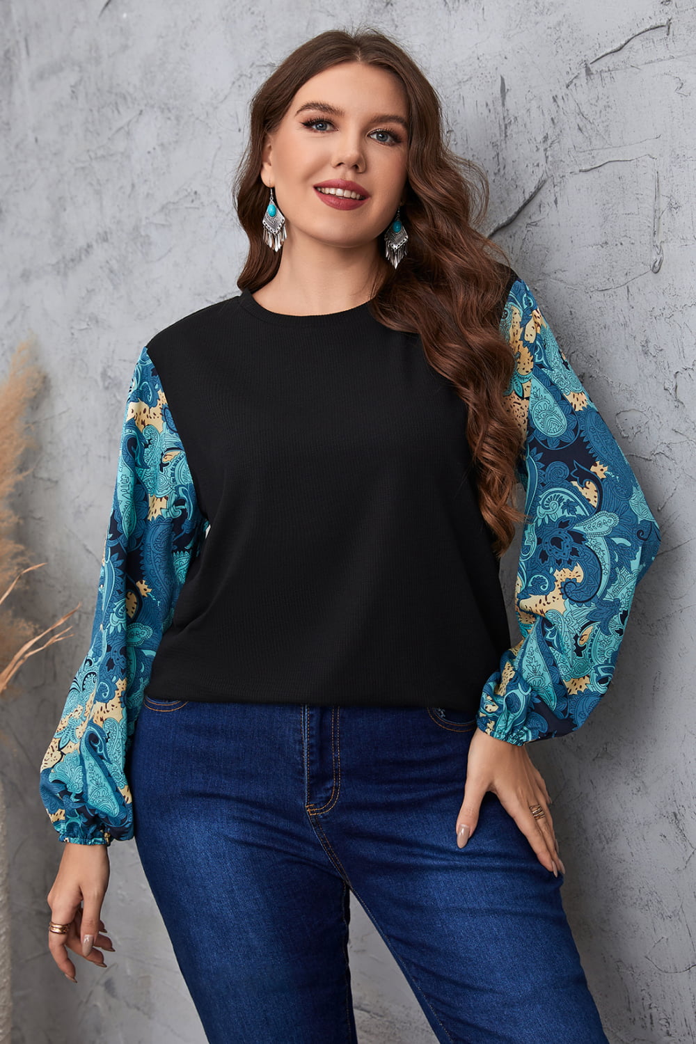 Plus Size Printed Sleeve Round Neck Blouse