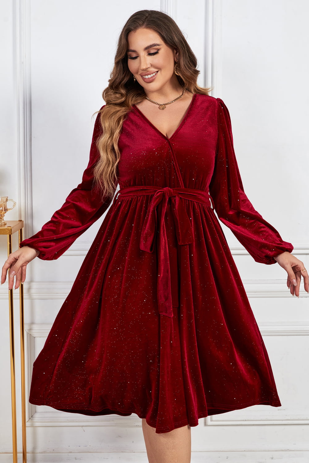 Plus Size Surplice Neck Balloon Sleeve Tie Belt Midi Dress