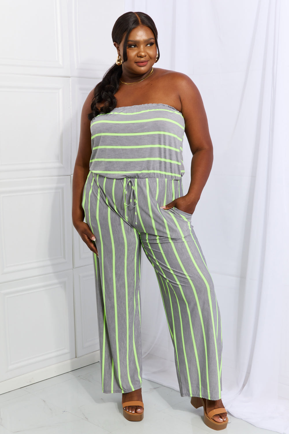 Sew In Love Pop Of Color Full Size Sleeveless Striped Jumpsuit