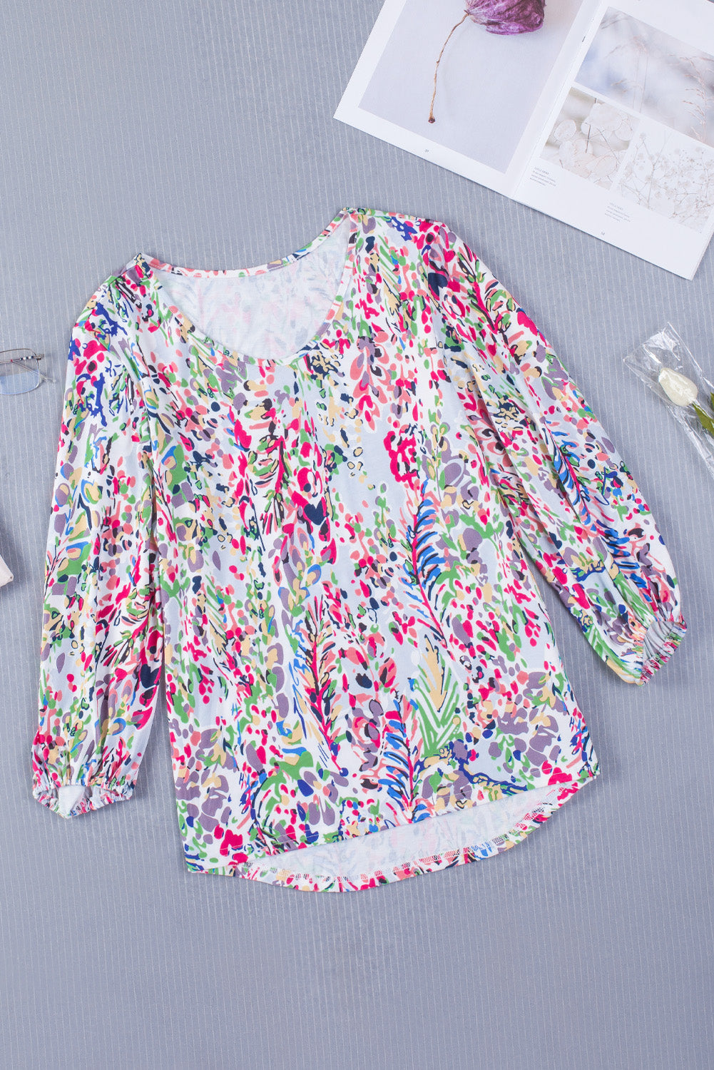 Printed Round Neck Balloon Sleeve Blouse