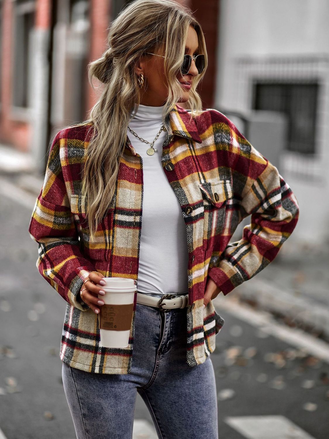 Plaid Button Front Brushed Shacket with Breast Pockets