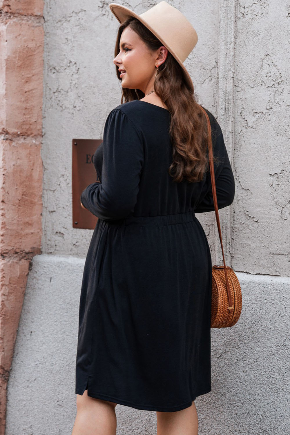 Plus Size Button Front Elastic Waist Long Sleeve Dress