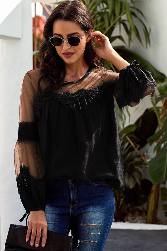 Tied Spliced Mesh Bubble Sleeve Blouse