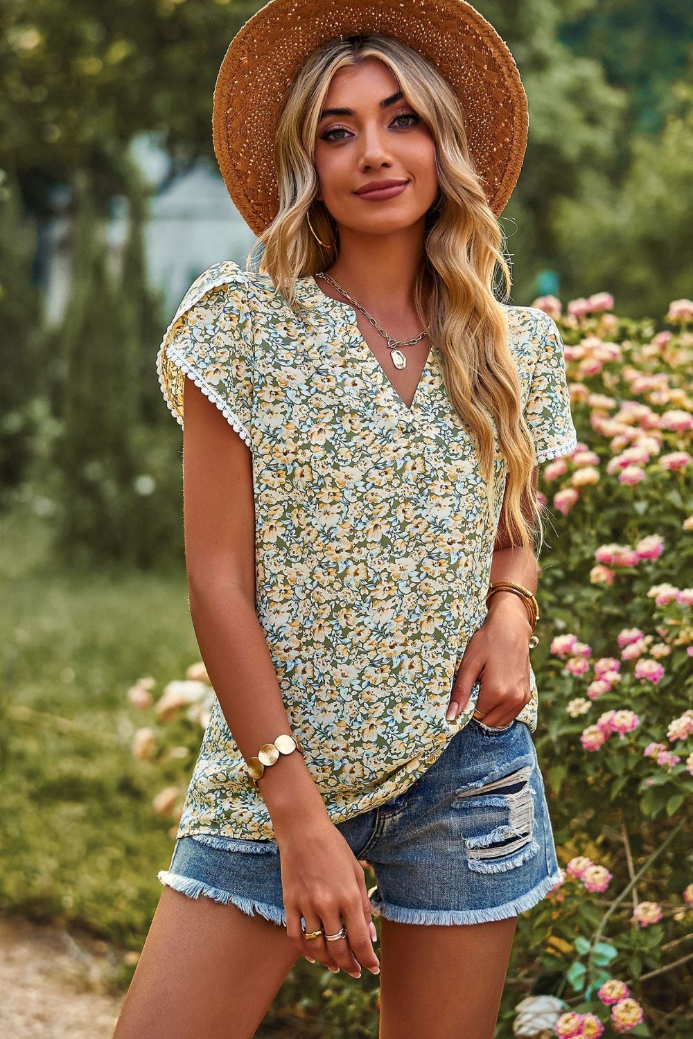 Floral Petal Sleeve Notched Blouse