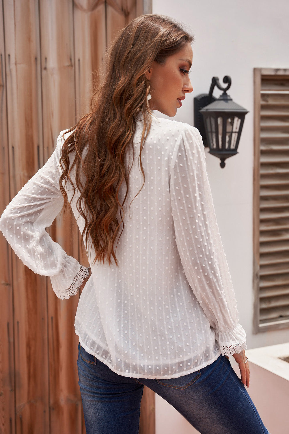 Swiss Dot Spliced Lace Flounce Sleeve Blouse