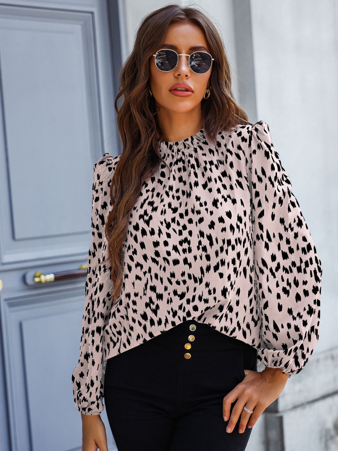 Printed Mock Neck Puff Sleeve Blouse