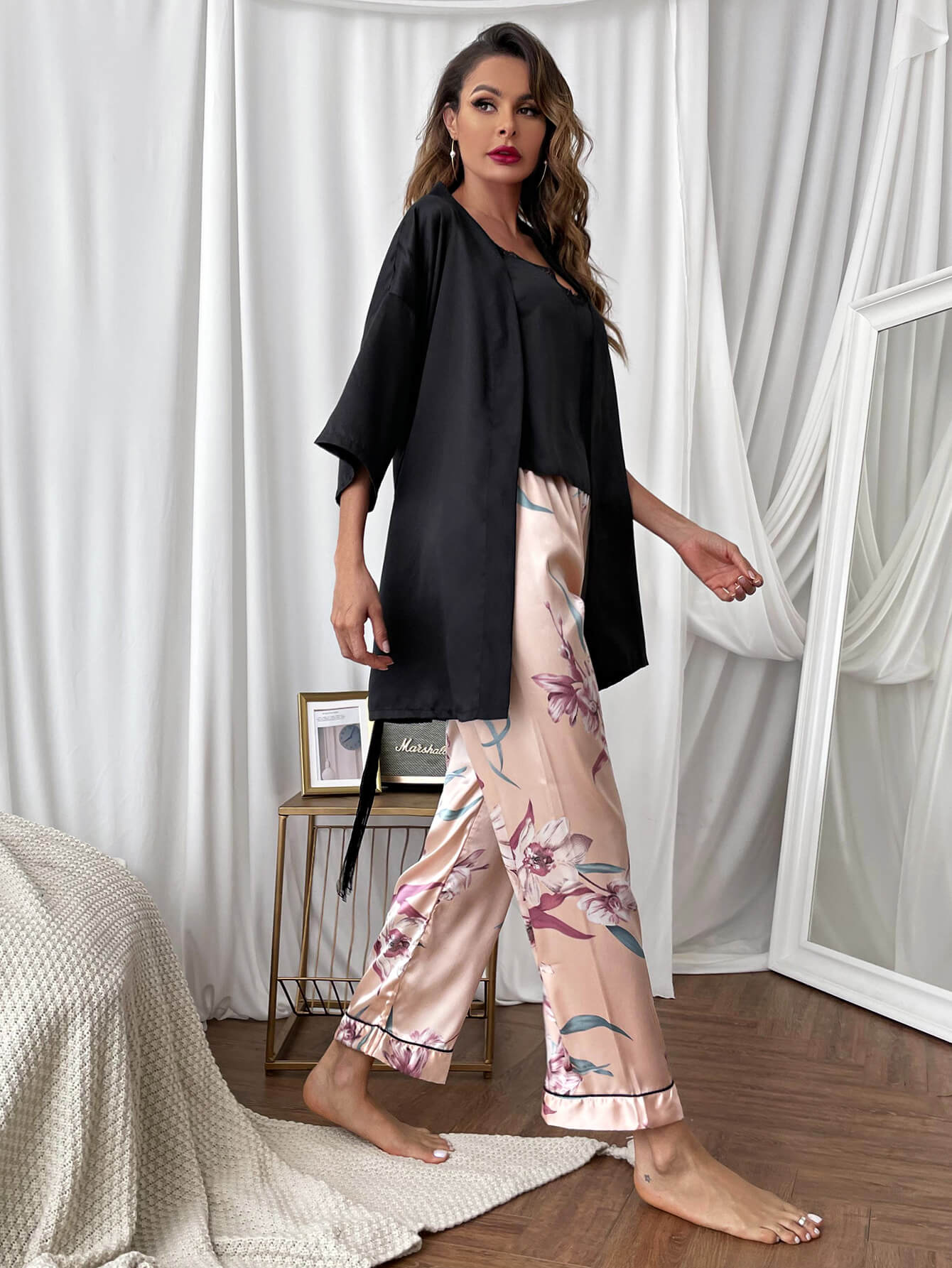 Cami, Robe, and Printed Pants Pajama Set