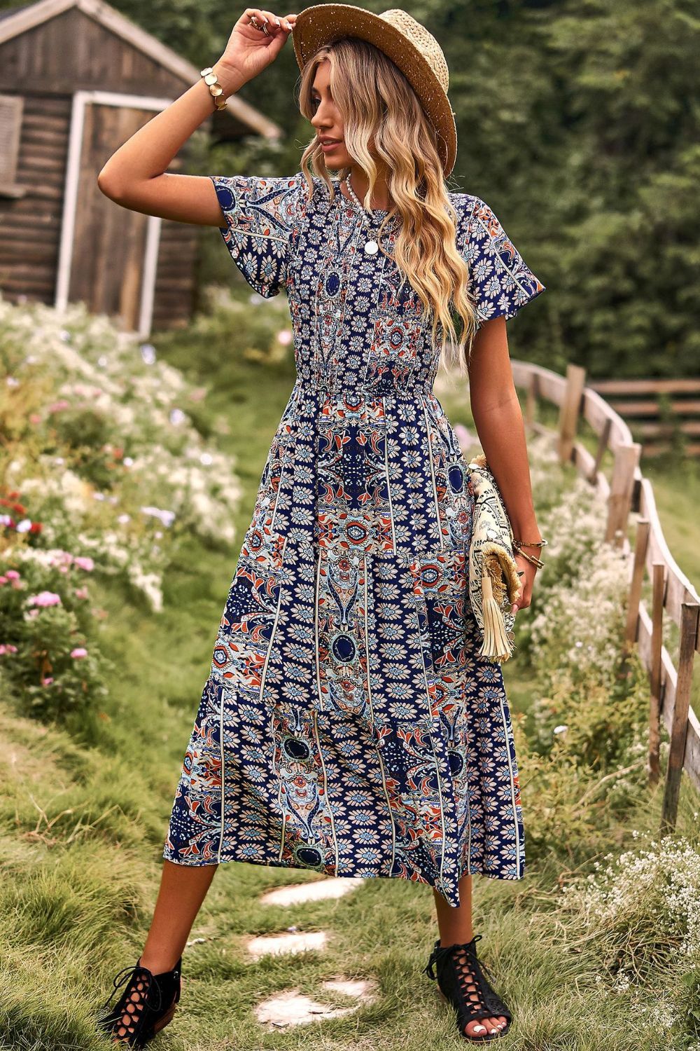 Printed Tie Back Flutter Sleeve Dress