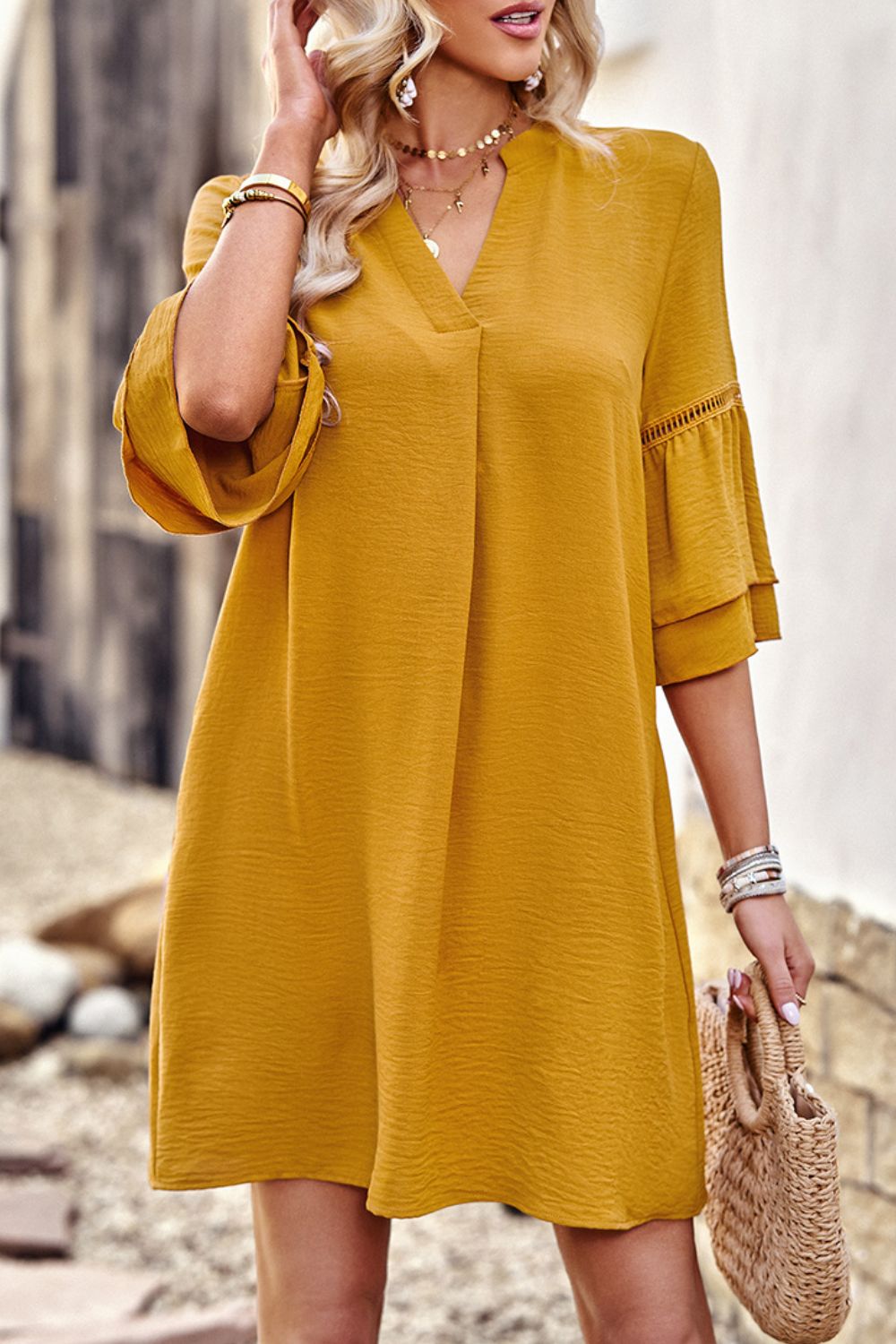 Notched Neck Flare Sleeve Pocket Dress