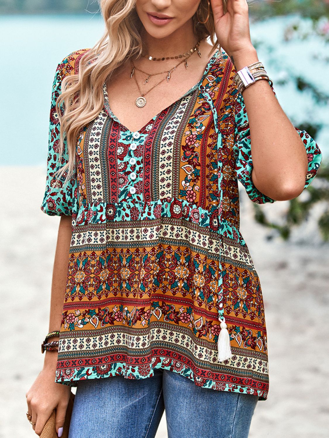 Bohemian Tie Neck Babydoll Blouse