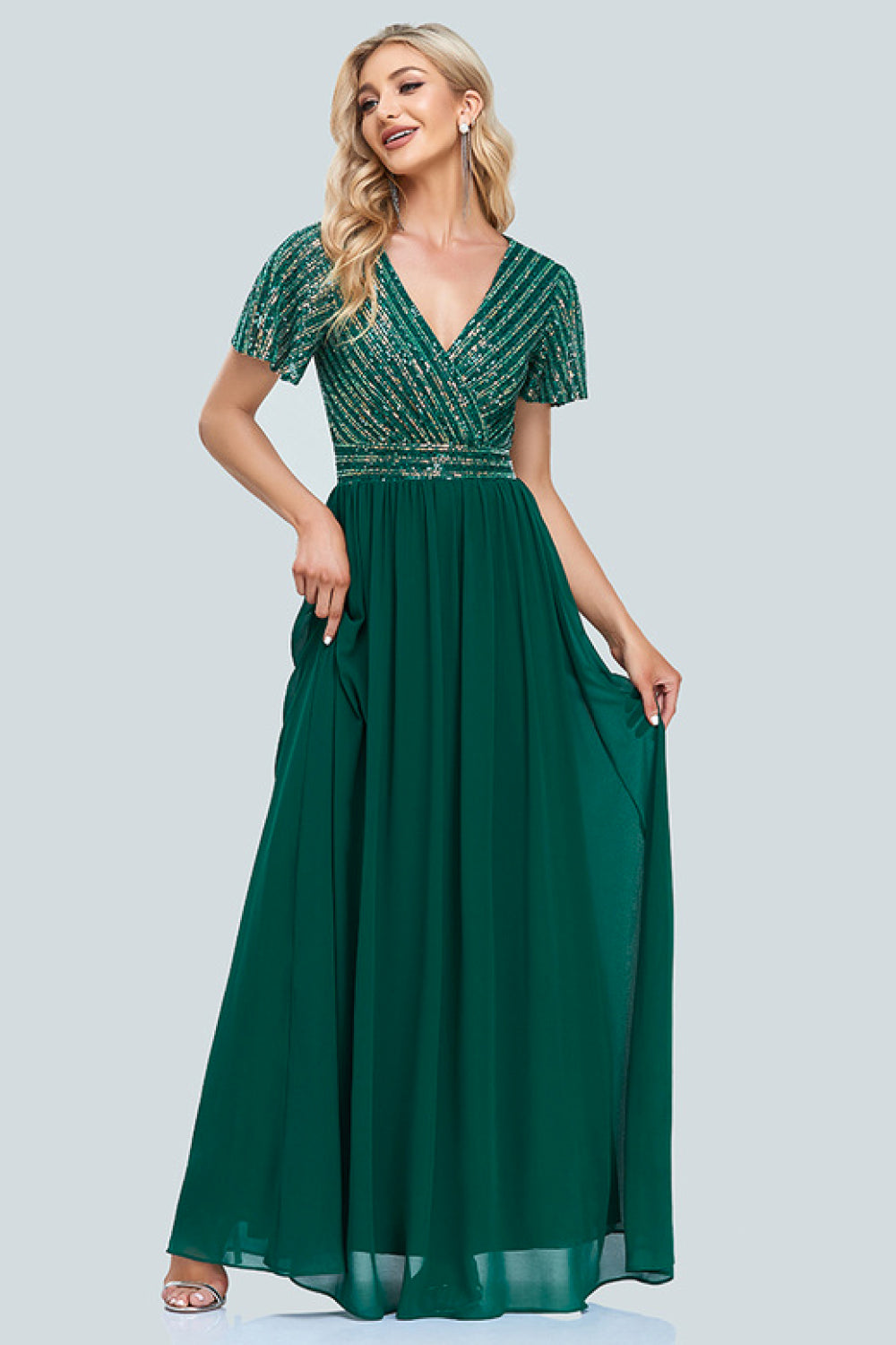 Sequin Flutter Sleeve Surplice Spliced Formal Dress