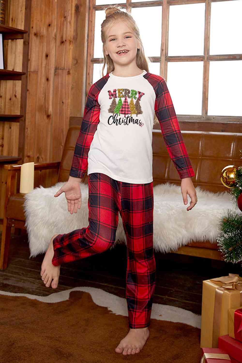 MERRY CHRISTMAS Graphic Top and Plaid Pants Set