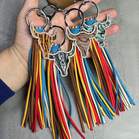 Rhinestone Bull Keychain with Tassel