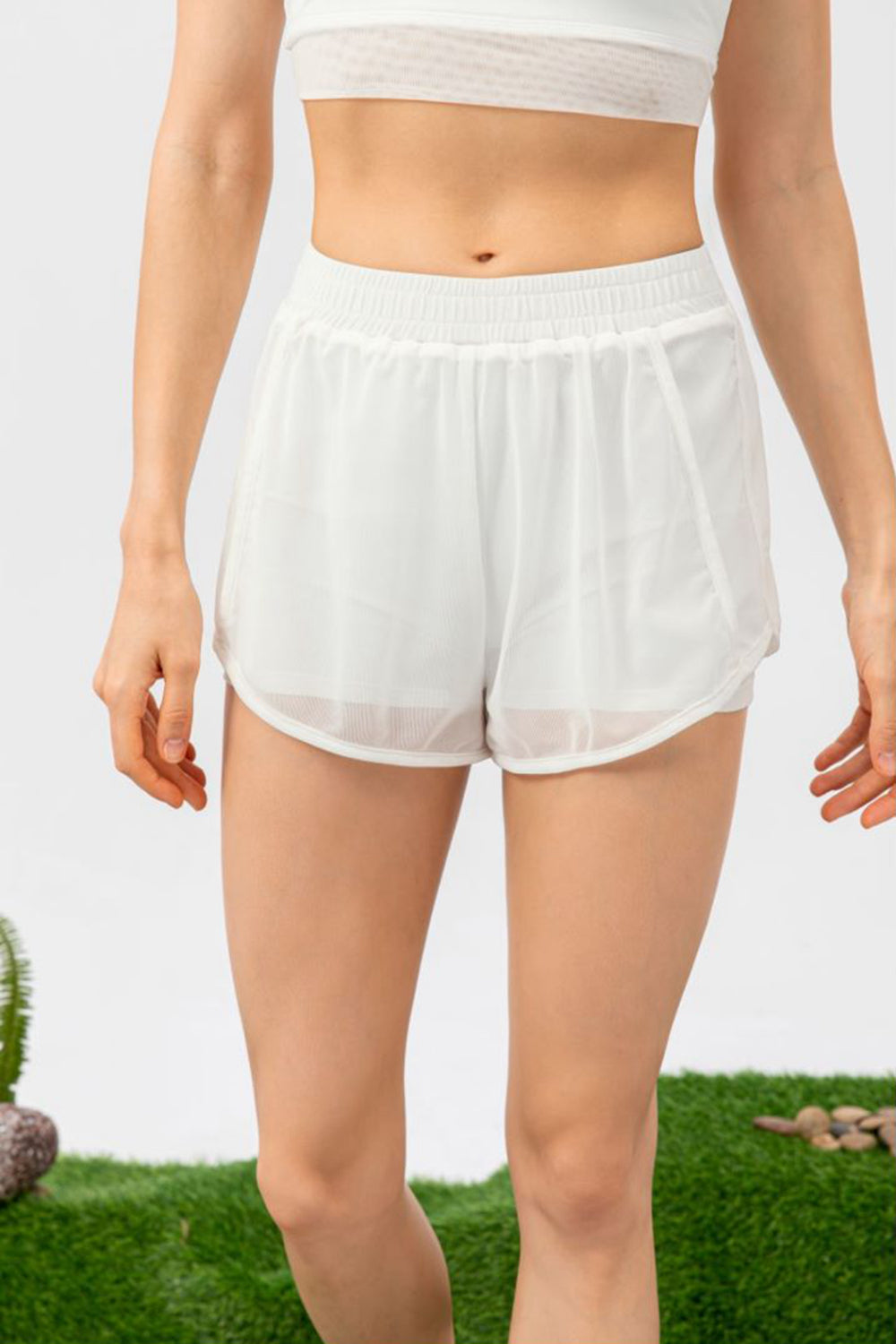 Faux Layered Elastic Waist Pocket Active Shorts