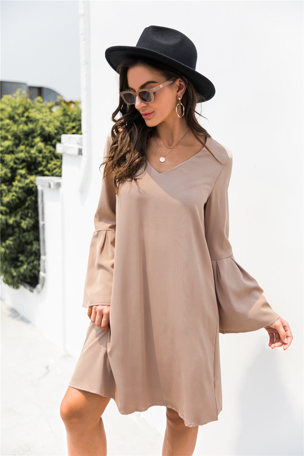 Trumpet Sleeve V Neck Dress