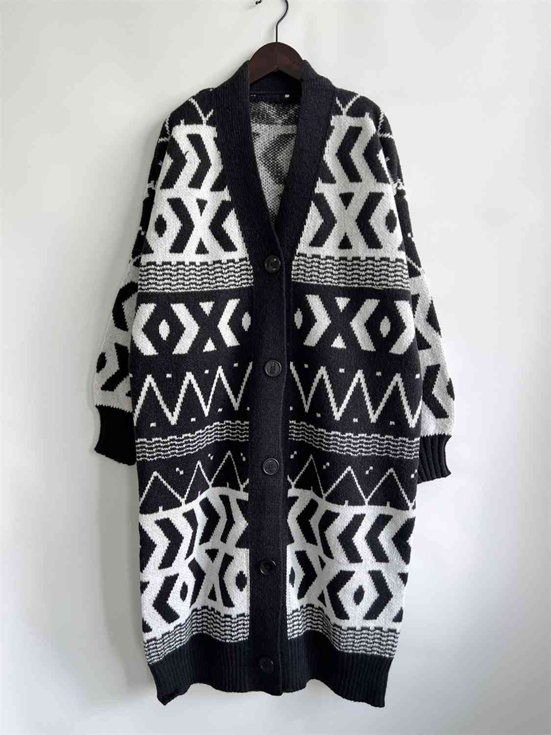 Geometric Button Front Longline Cardigan