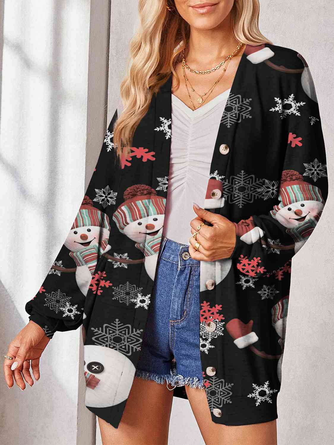 Printed Button Up Long Sleeve Cardigan