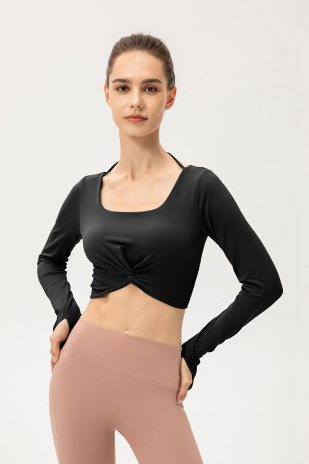 Twist Front Square Neck Long Sleeve Cropped Sports Top