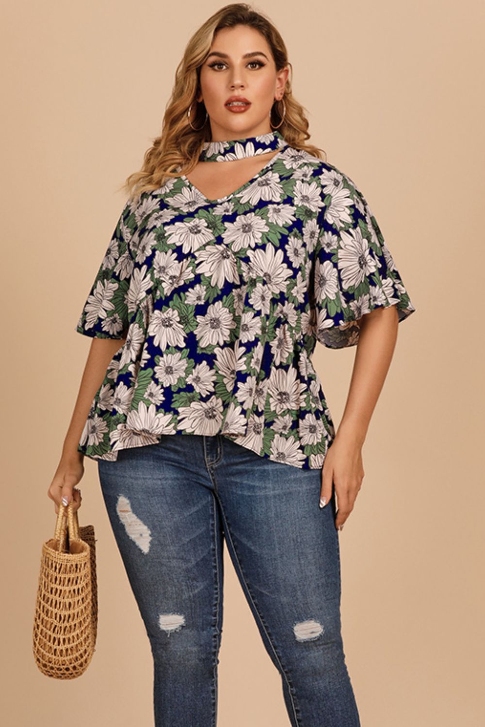 Plus Size Floral Flutter Sleeve Cutout Blouse