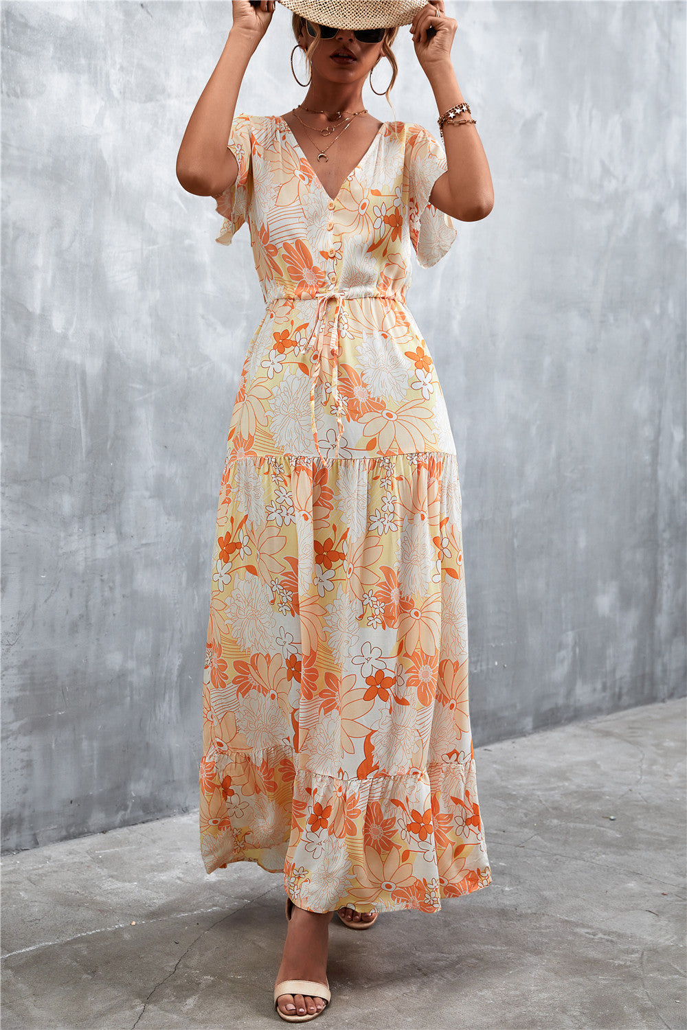 Floral Buttoned Drawstring Waist Tiered Dress