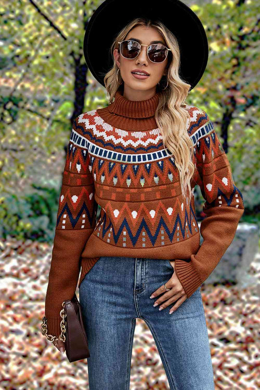 Geometric Turtleneck Long Sleeve Sweater