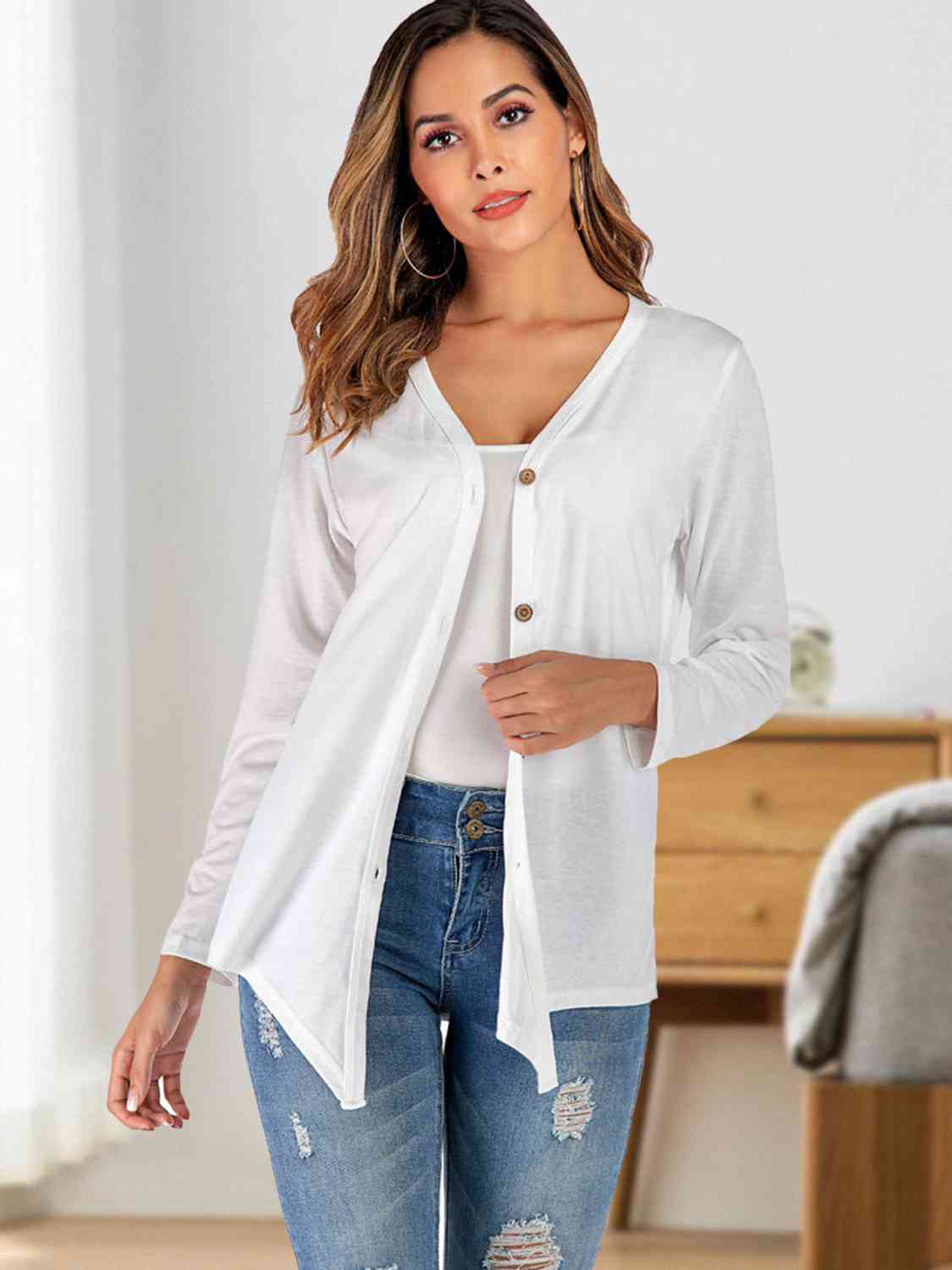 Button Up V-Neck Long Sleeve Cardigan