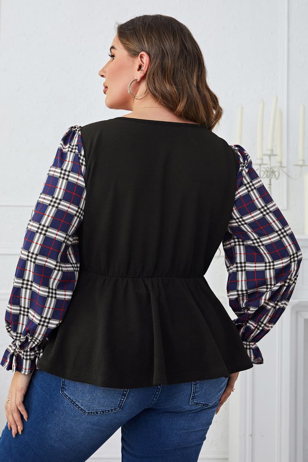 Plus Size Plaid Print Square Neck Ruched Blouse