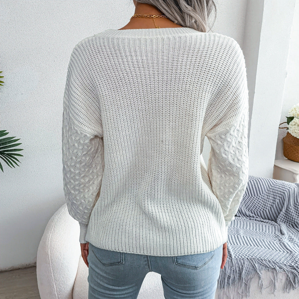 Mixed Knit Round Neck Dropped Shoulder Sweater