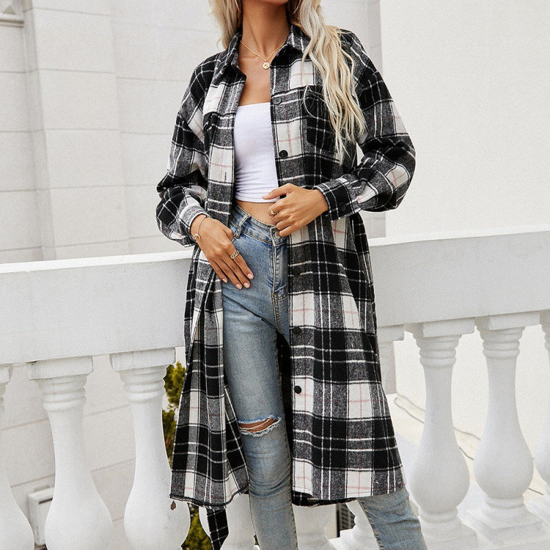 Plaid Belted Button Down Longline Shirt Jacket