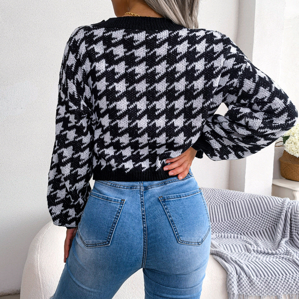 Houndstooth V-Neck Dropped Shoulder Cropped Cardigan