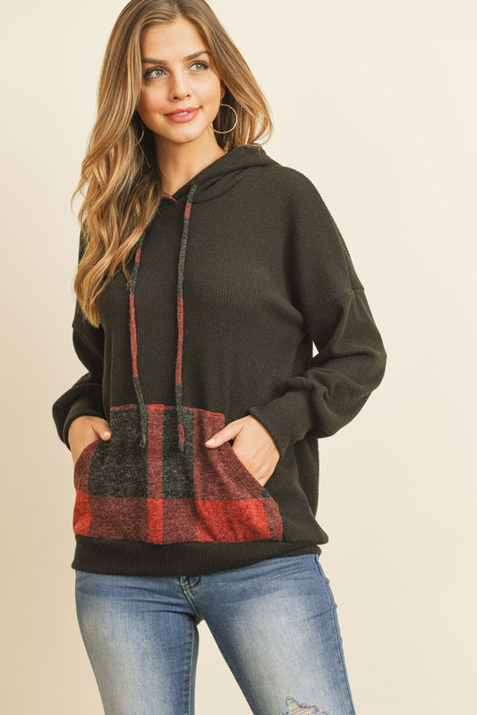 BRUSHED RIB PLAID SELF TIE KANGAROO POCKET HOODIE - Size S