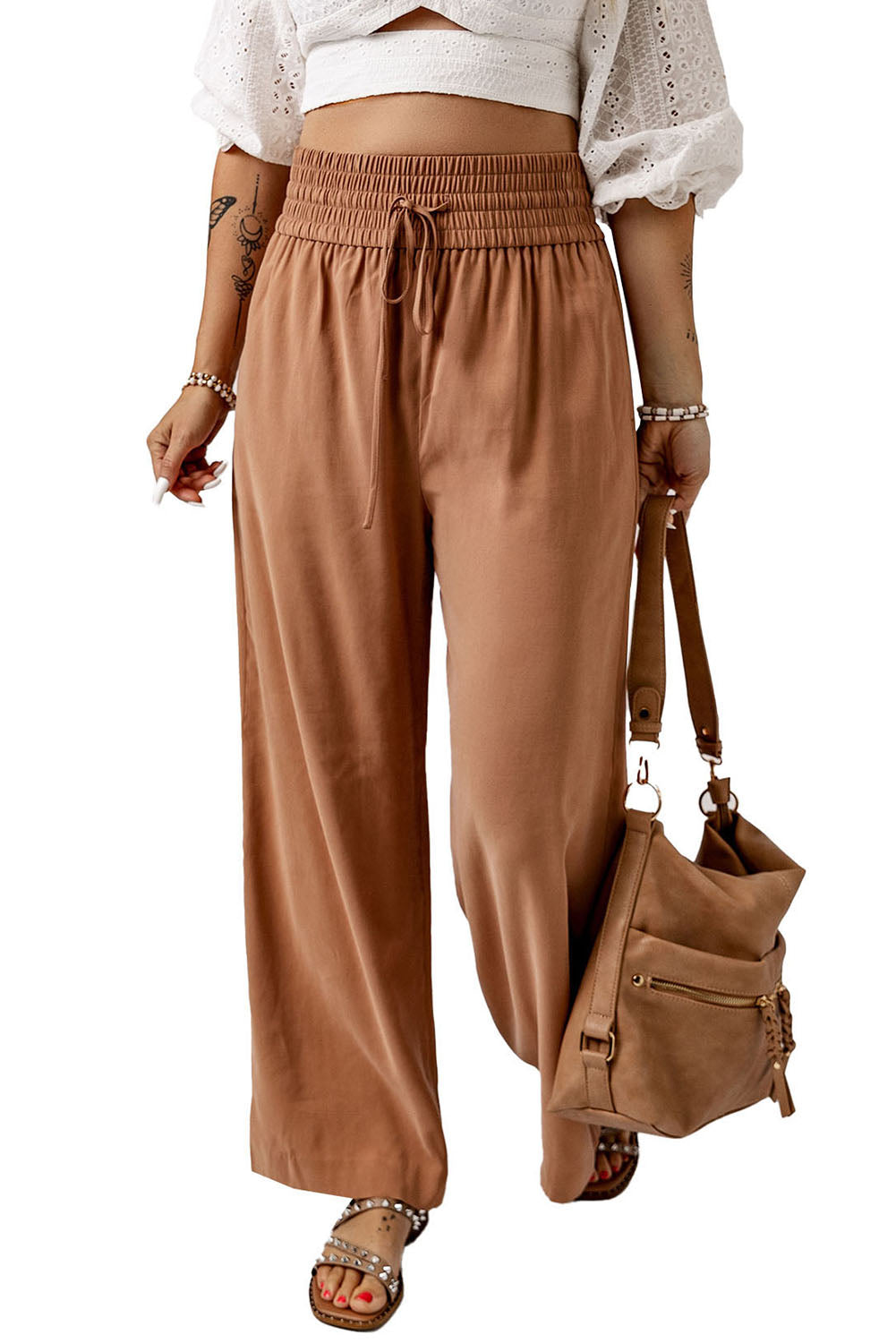 Drawstring Smocked Waist Wide Leg Pants