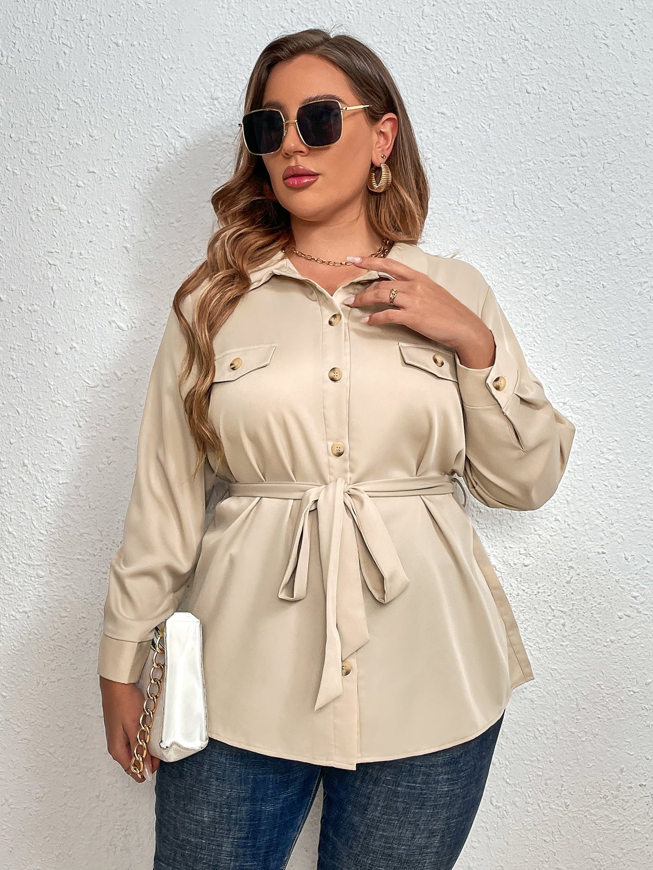 Plus Size Tie Belt Long Sleeve Shirt