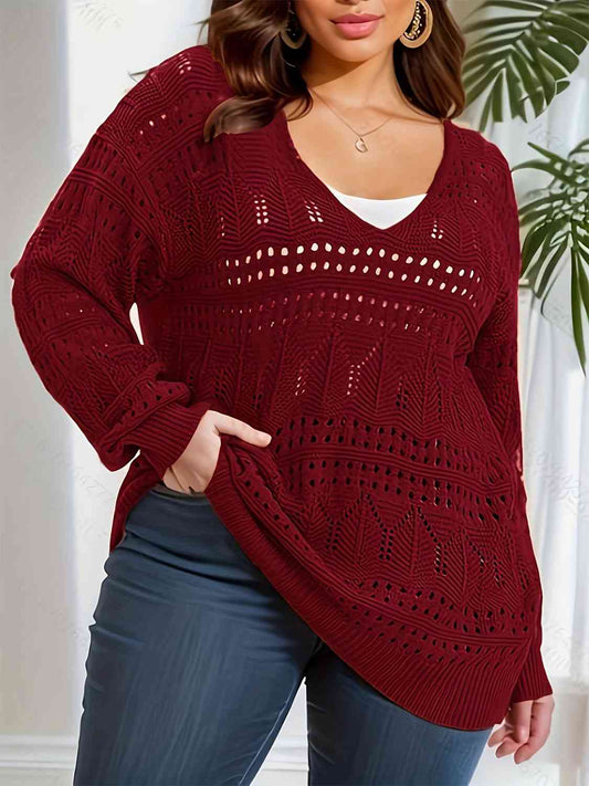 Plus Size Openwork Plunge Long Sleeve Sweater