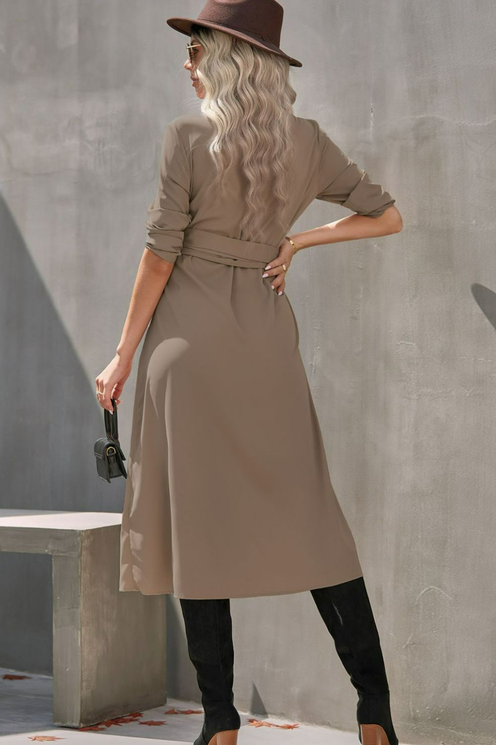 Collared Neck Tie Waist Midi Shirt Dress