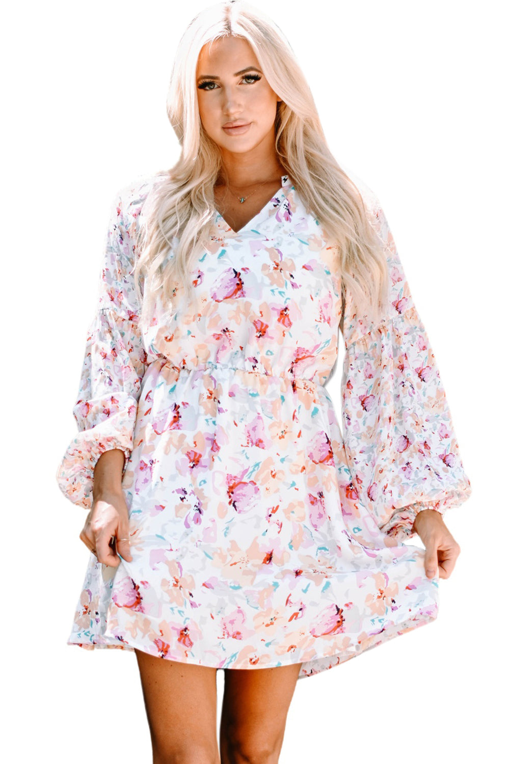 Floral Bubble Sleeve V-Neck Dress