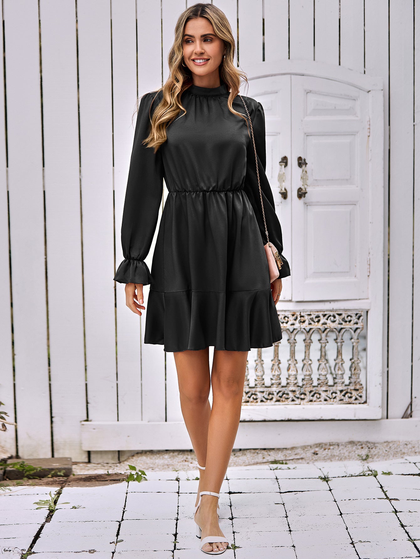 Mock Neck Flounce Sleeve Mini Dress