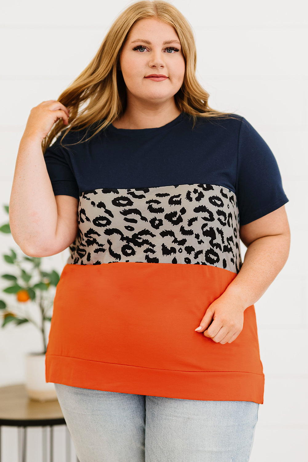 Plus Size Leopard Color Block T-Shirt