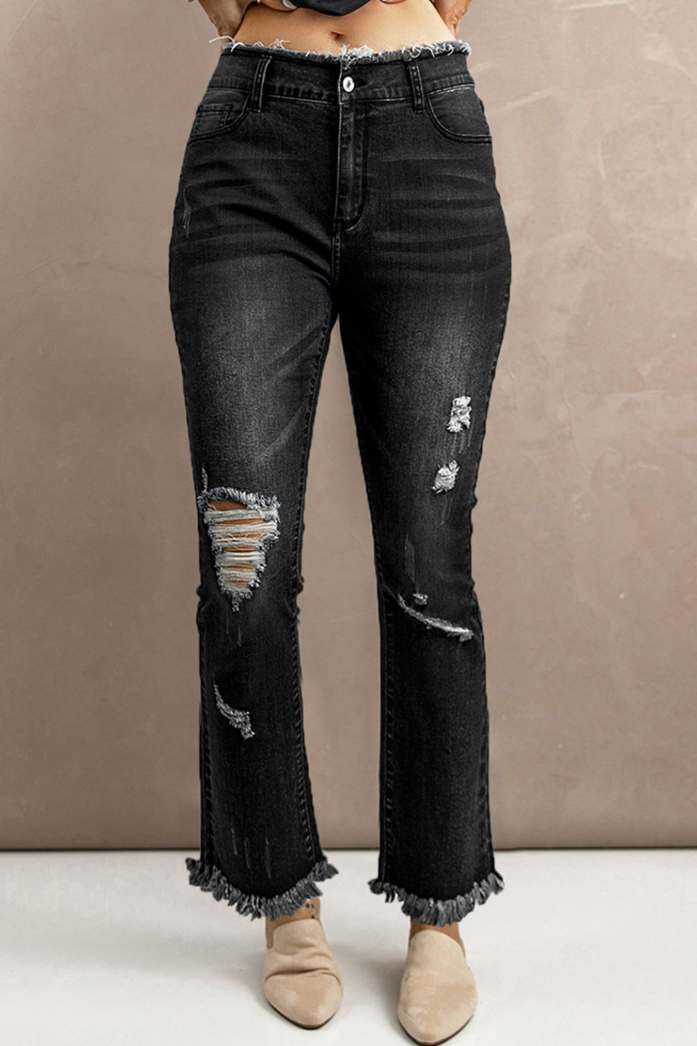 High Waist Distressed Raw Hem Jeans