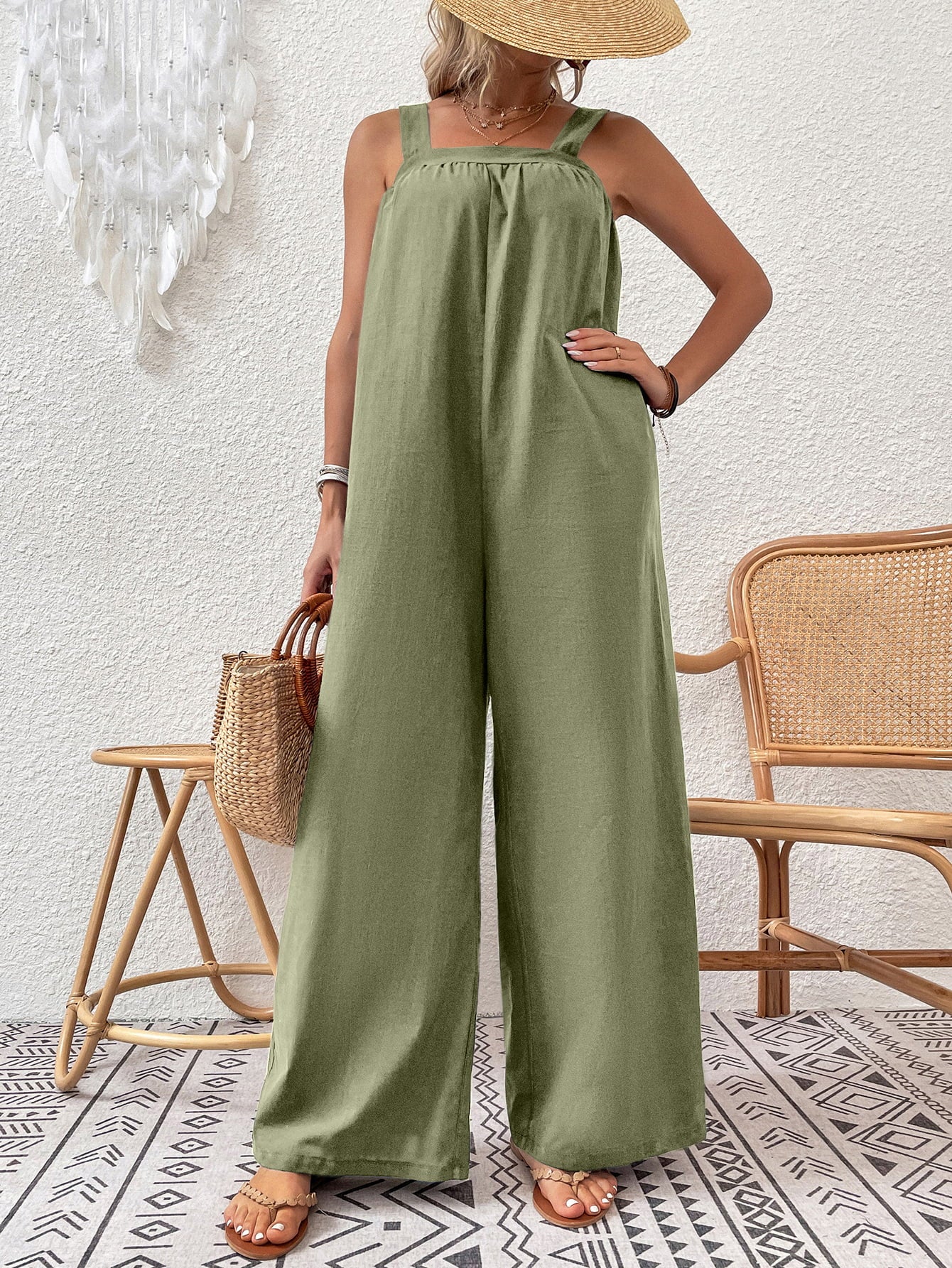 Square Neck Sleeveless Wide Leg Jumpsuit