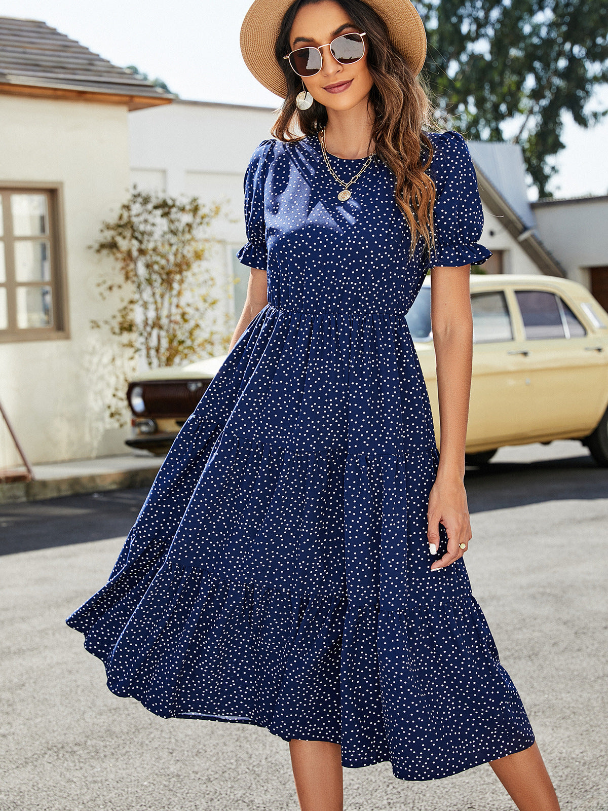 Polka Dot Short Flounce Sleeve Tiered Midi Dress