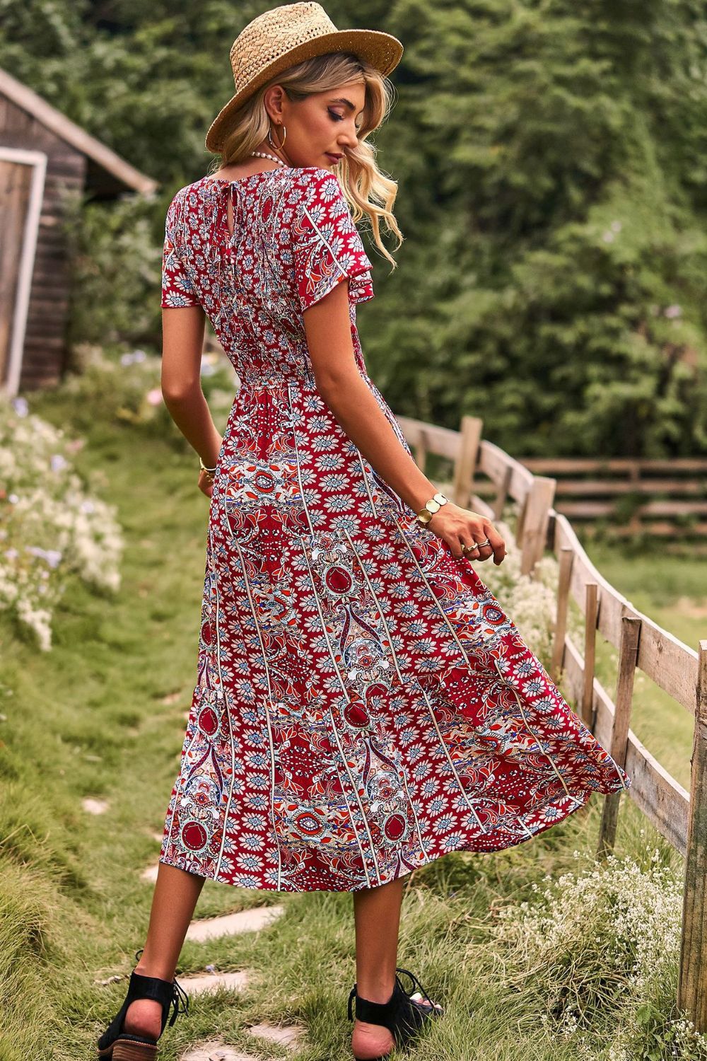 Printed Tie Back Flutter Sleeve Dress