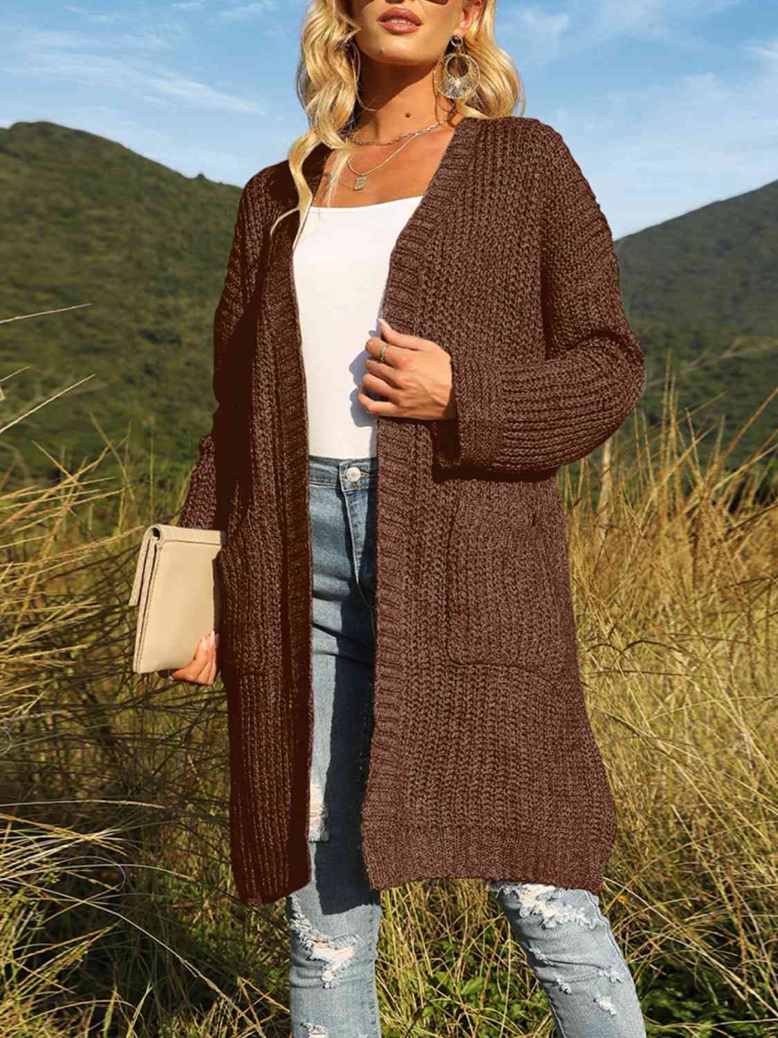 Open Front Long Sleeve Cardigan with Pockets