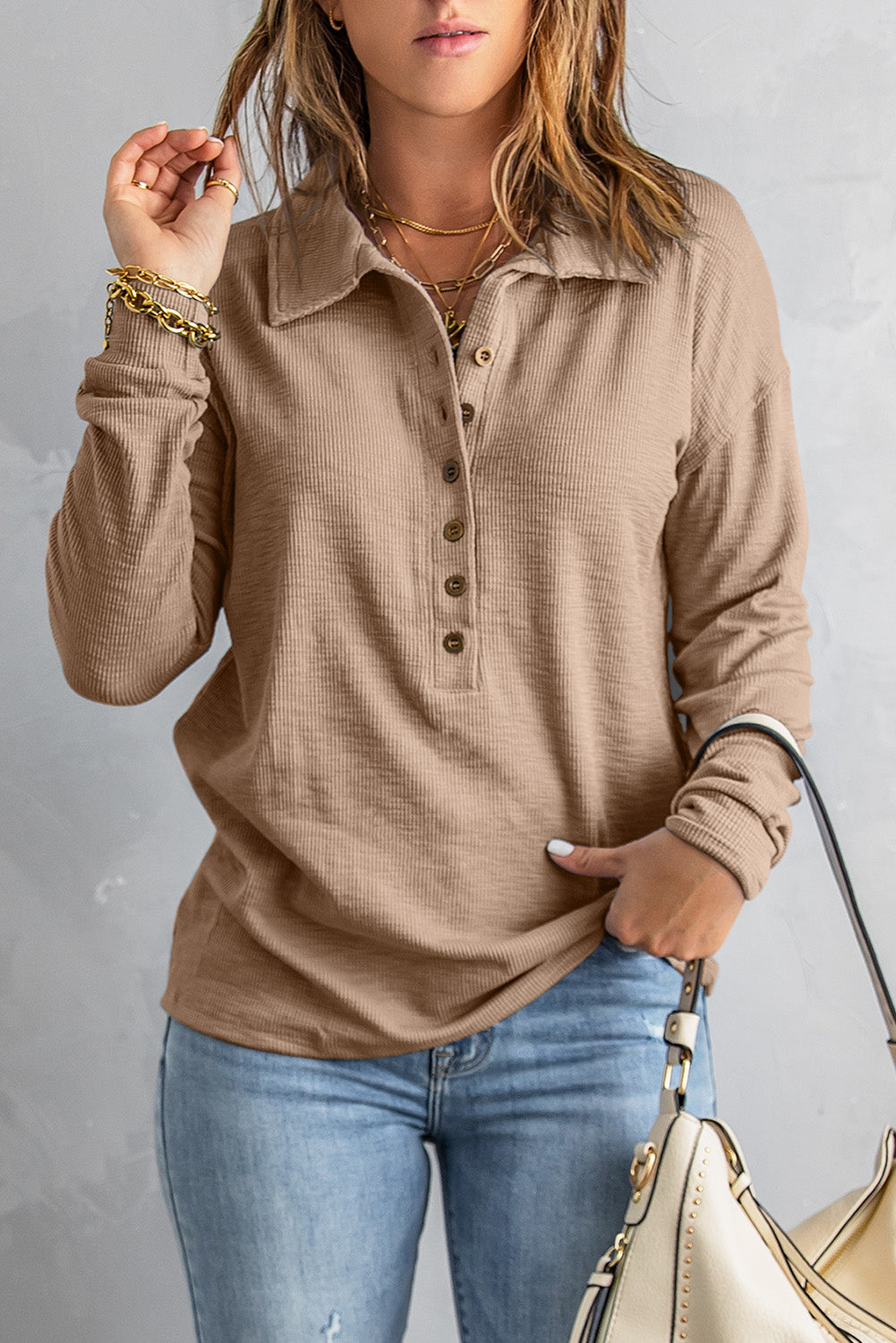 Half Button Collared Knit Top