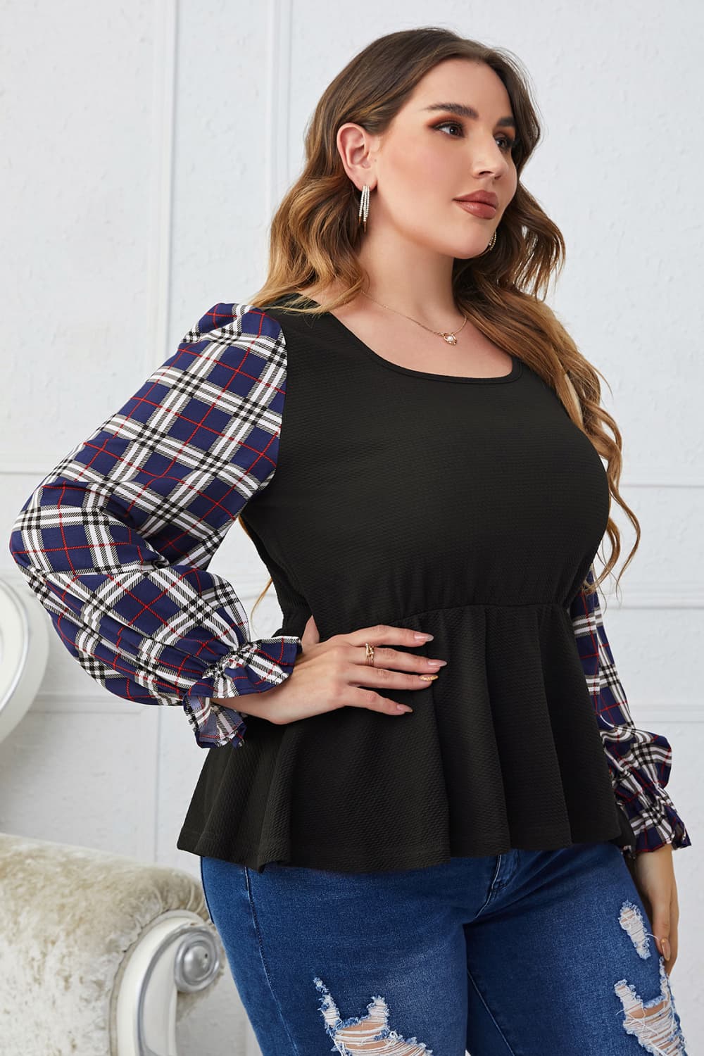 Plus Size Plaid Print Square Neck Ruched Blouse